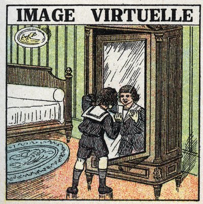 Reflection of light: virtual image. A child contemplating his reflection in a mirror. Anonymous illustration from 1925. Private collection. by Anonymous Anonymous