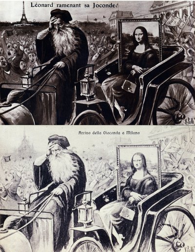 Representation of Leonardo da Vinci bringing back his work The Mona Lisa after the theft by Vincenzo Peruggia on 21/08/1911. Comedy postcard by Anonymous Anonymous