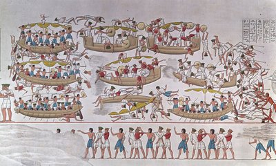 Representation of the Battle of the Nile Delta between the Armies of Ramses III and the Peoples of the Sea. From a relief to the funeral temple of Medinet Habou, Egypt by Anonymous Anonymous