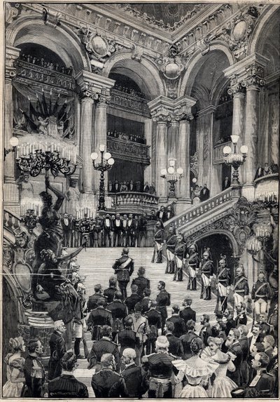 Russian sailors climb the large staircase during a Gala evening at the Opera Garnier in Paris. Engraving in 