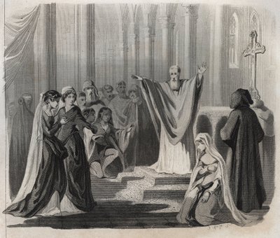 Saint Dunstan (ca. 909-988), bishop of Canterbury, Benedictine and reformer of monastic life in England, announcing his impending death to the people. Engraving from 1846 in 