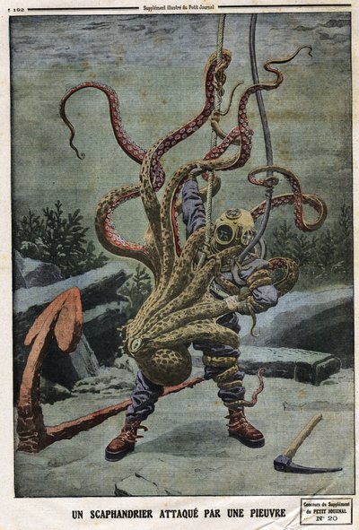 Scaphandler attacked by an octopus. Engraving in 