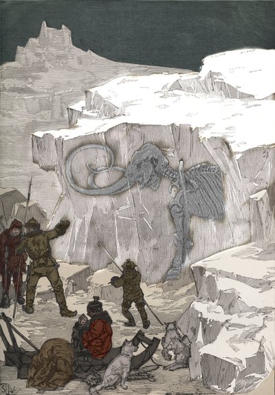 Search for mammoth fossil ivory in Siberia in the 19th century. Engraving from 1885 in 