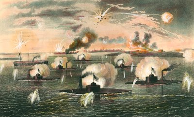 Attack of Floating Batteries Battleships During the Secession War - Engraving Around 1865 - Private Collection by Anonymous Anonymous