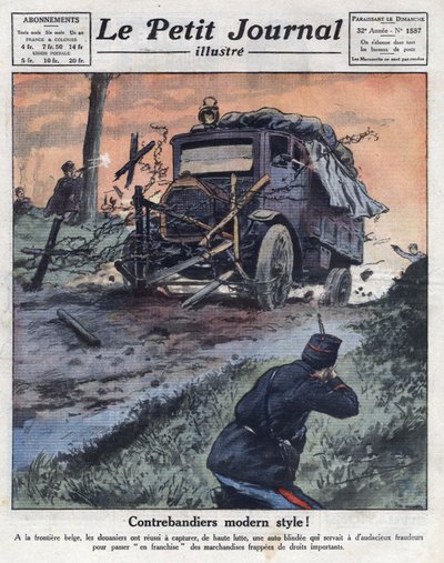 Smugglers aboard an armoured car loaded with tobacco packets crossed the Belgian border by force and were neutralized by customs officers. Illustration taken from 