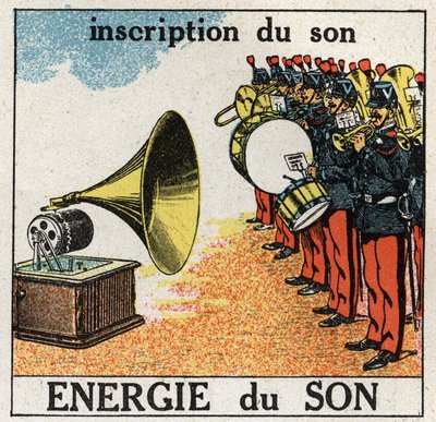 Sound energy: recording the music of a military band with a gramophone. Anonymous illustration from 1925. Private collection. by Anonymous Anonymous