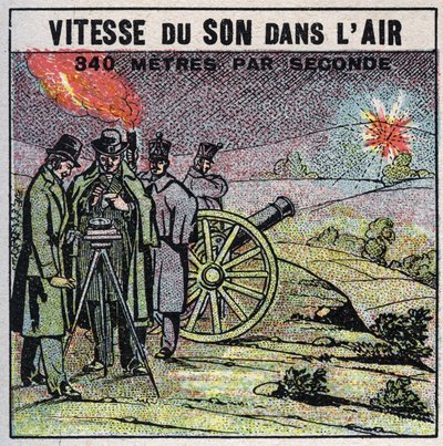 Sound energy: speed of sound in the air. Experiment of 1822 by Louis-Joseph Gay-Lussac (1778-1850) and Francois Arago (1786-1853) who fired a series of cannon shots between Montlhery and Villejuif. Anonymous illustration from 1925. by Anonymous Anonymous