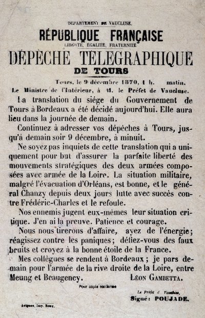 Telegraphic News of Tours of 9/12/1870 by Léon Gambetta by Anonymous Anonymous