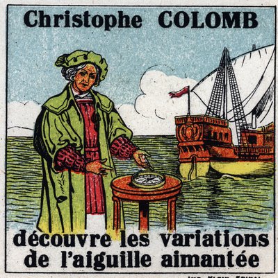 Terrestrial magnetism: Christopher Columbus discovers the variations of the magnetic needle of a compass during his journey to America in 1492. Anonymous illustration from 1925. Private collection. by Anonymous Anonymous