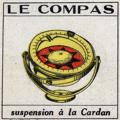 Terrestrial magnetism: the compass using the suspension has the gimbal to obtain the horizontality. Anonymous illustration from 1925. Private collection. by Anonymous Anonymous