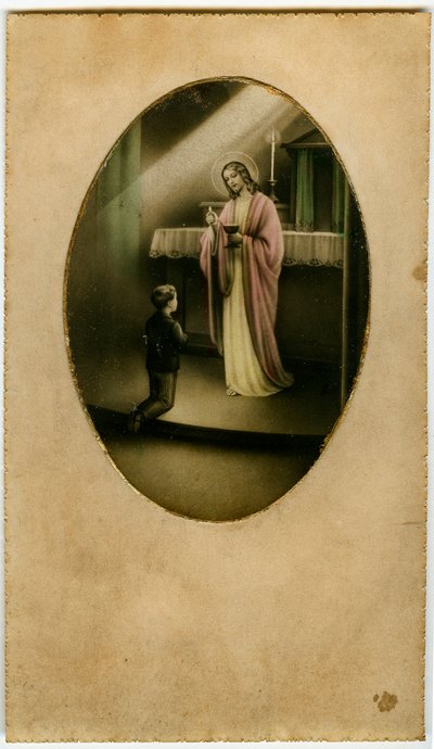 The Eucharist, Holy Communion, the Sacrament of the Altar: a child in front of Jesus (engraving) by Anonymous Anonymous