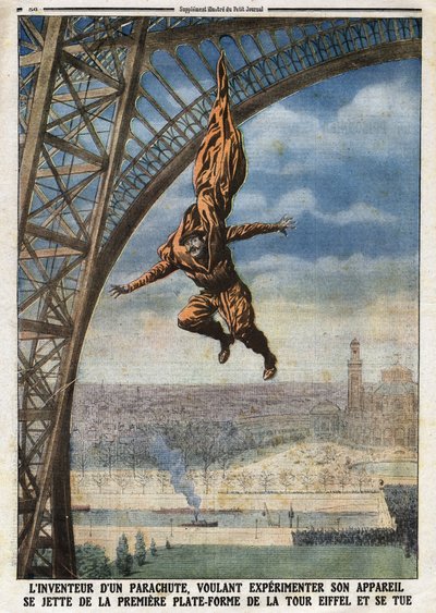 The French tailor Franz Reichelt, inventor of a parachute, throws himself off the Eiffel Tower and kills himself. Engraving in 