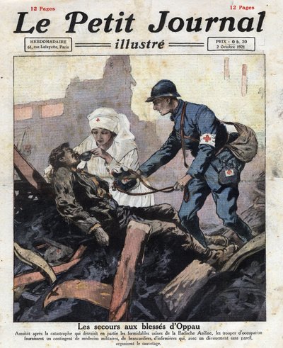 The Oppau chemical disaster: the explosion of a factory in Badische Aniline due to a silo used to store ammonium sulphate in Germany on 21 September. Red Cross doctors and nurses coming to the rescue of the wounded. Illustration taken from 