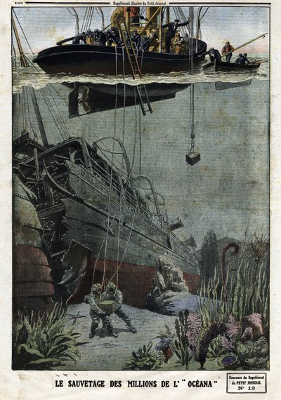 The Rescue of the Millions of the Oceana: Scaphandlers dive off Eastbourne to pick up the 18 million metal that the British liner was supposed to transport to India. Engraving in 