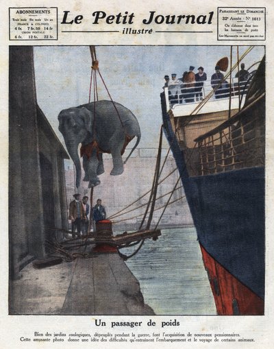 The arrival by boat of an elephant acquired by a zoological garden of people following the war. Illustration taken from 