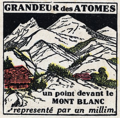 The atom and science: the size of atoms. A point in front of Mont Blanc represented by a millimetre. Anonymous illustration from 1925. Private collection. by Anonymous Anonymous