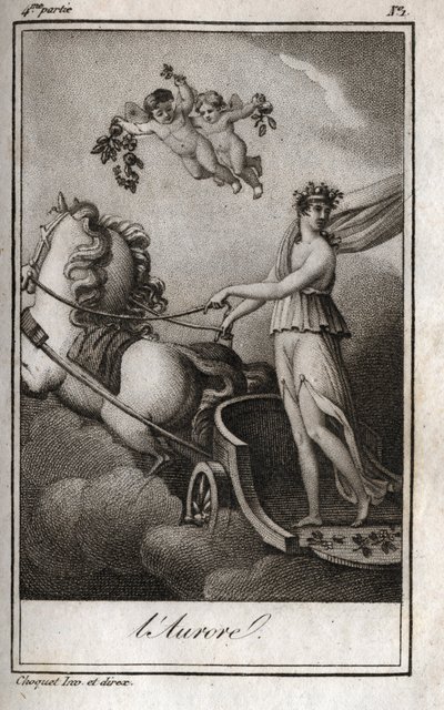 The dawn (Apollo guides the chariot of the sun). Allegory of sunrise. Engraving from 1819 in 