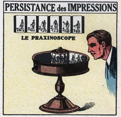The eye: persistence of impressions. The praxinoscope. Anonymous illustration from 1925. Private collection. by Anonymous Anonymous