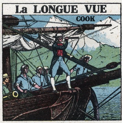 The first optical instruments: Captain James Cook at the bow of his boat, observes the southern lands at long sight. Anonymous illustration from 1925. Private collection. by Anonymous Anonymous
