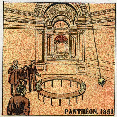 The pendulum: experiment of Leon Foucault (1819-1868) at the Pantheon in 1851 demonstrating the rotation of the Earth. Anonymous illustration from 1925. Private collection. by Anonymous Anonymous