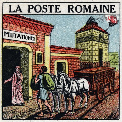 The post: the Roman post. A "mutationes", a place where horses used for the post office could be rented called "curriculum publicus". Anonymous illustration from 1925. Private collection. by Anonymous Anonymous