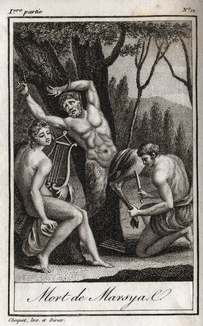 The Punishment or Death of Marsyas (The Punishment of Marsyas) is Punished for Having Defied Apollo to the Lyre and is Barred by the Archer in the Presence of King Midas and the Muses. Engraving from 1819 in 