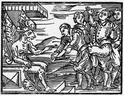 The sorcerers pay tribute to the devil - Compendium Maleficarum, deals about witches, their evil and their sortileges by Francesco Maria Guazzo or Guaccio or Guaccius (15??? -16??) 1608 Private Collection. by Anonymous Anonymous