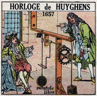 Time: clock with a free pendulum invented by Christiaan Huygens (1629-1695) in 1657. Anonymous illustration from 1925. Private collection. by Anonymous Anonymous