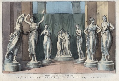 Various sculptures by Canova - The Three Graces - Hebe - The Three Graces Dancing - Venus Italica - Muse - engraving from 