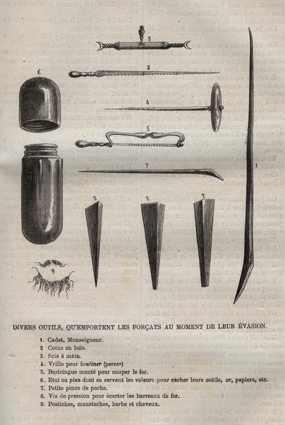 Various tools, which the convicts carry when they escape. Engraving in 