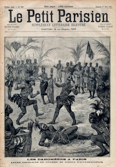 War Exercises: Amazons, warriors and feticheurs from Dahomey (now Benin) from the garden of acclimatization in Paris (Human Zoo). Engraving in 