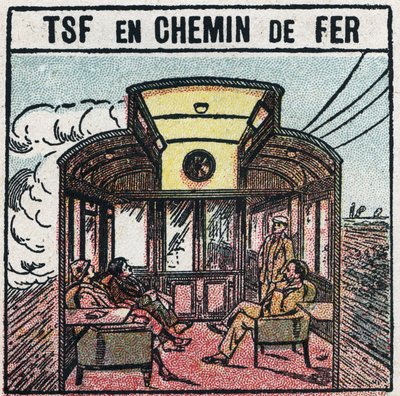 Wireless telephony: T.S.F. in a railway wagon. Anonymous illustration from 1925. Private collection. by Anonymous Anonymous