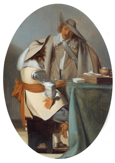 Two men in conversation at a table by Anthonie (1601-73) (attr.to) Palamedesz