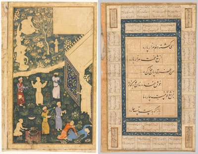 Left side of a double-page album folio: Outside a Royal Encampment (recto) and Calligraphy, Persian Verses (verso) by Anthonie Waterloo