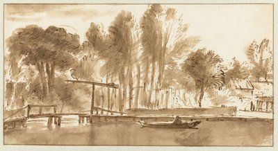 Wooded river landscape with drawbridge by Anthonie van Borssom (attributed to)