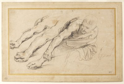 Figure of a man bending forward with the right arm outstretched; three studies of the right arm, and one of the left hand for the same figure by Anthony van Dyck