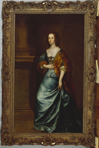 Portrait of Mary Villiers, Duchess of Lennox and Richmond, in a blue dress and brown wrap by a column by Anthony van Dyck