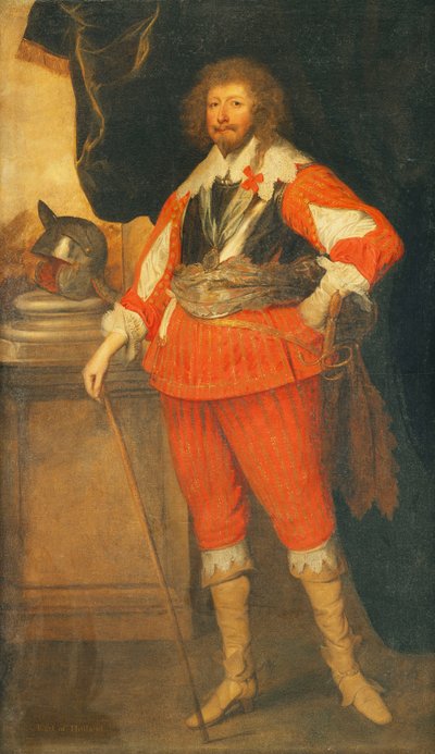Portrait of a Nobleman, Said to be Henry Rich, 1st Earl of Holland, Full Length, Wearing a Breastplate, Sash and Sword, His Hand Resting on a Stick, a Helmet on a Plinth, Standing Before a Draped Colonnade by Anthony van Dyck