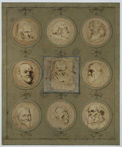 Collection sheet with nine study heads in medallions by Anthony van Dyck