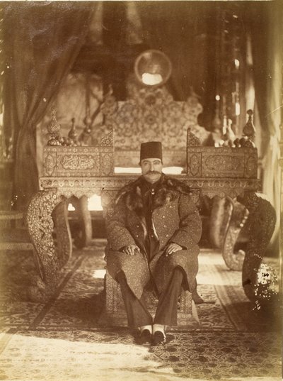 Nasruddin Shah Sitting in Front of the Peacock Throne, Gulistan Palace, Tehran by Antoin Sevruguin