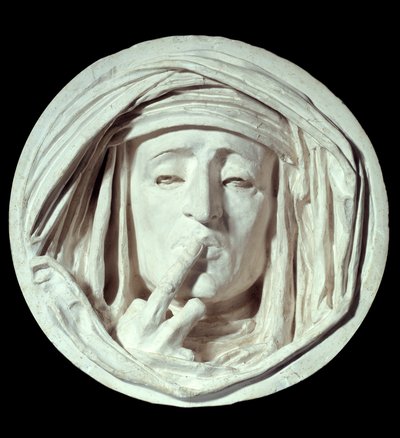 Silence A symbolic gesture of a man putting a finger on his mouth. Plaster sculpture by Auguste Preault 19th century Paris, Louvre Museum by Antoine Augustin Preault