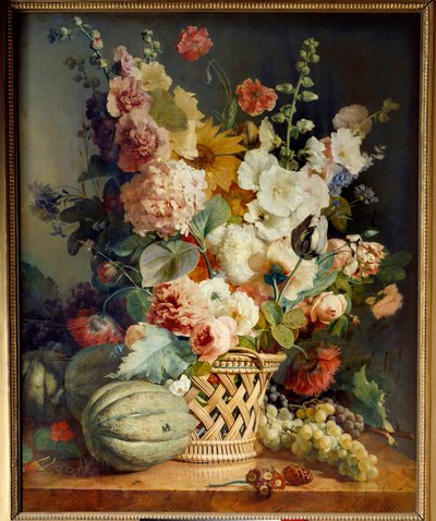 Flowers and Fruit in a Wicker Basket by Antoine Berjon