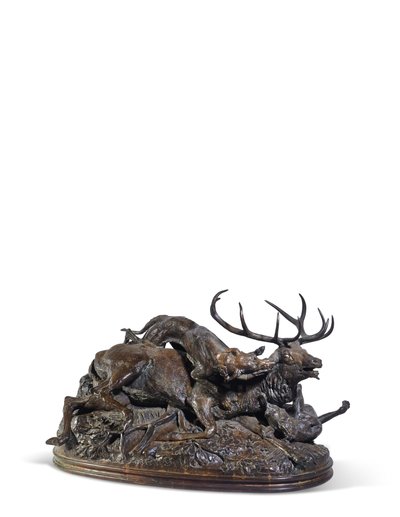 Ten Pointed Stag Floored by Two Scottish Greyhounds, c.1840 by Antoine Louis Barye