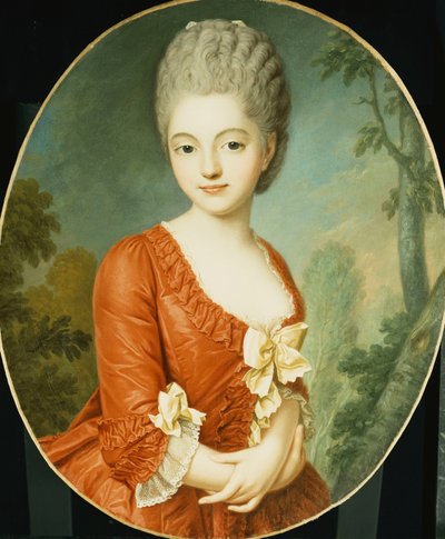 Portrait of a Young Lady, Half Length, Wearing a Red Dress with Bows, in a Park by Antoine Vestier