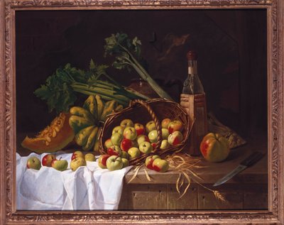 Still Life with a Bottle of Wine, Rhubarb and an Upturned Basket of Apples on a Table by Antoine Vollon