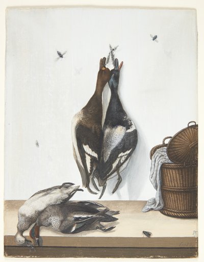 Still Life with Four Ducks and an Open Basket by Anton Ignaz Hamilton