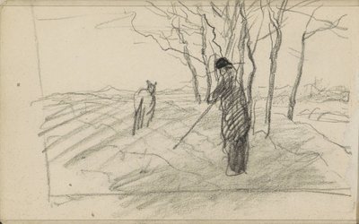 Standing Man with a Stick and an Animal on a Plowed Field by Anton Mauve