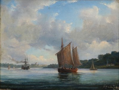 Fiord scene with fishing boats and a paddle steamer by Anton Melbye