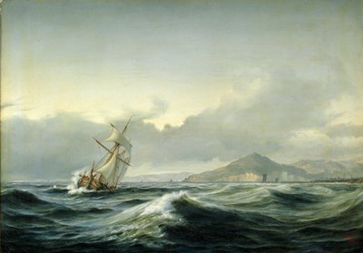 Seascape with sailing ship in rough sea. In the background a rocky coast by Anton Melbye