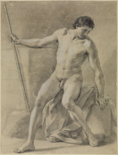 Seated Male Nude, Almost Frontal, Staff in Right Hand, Looking Down by Anton Raphael Mengs